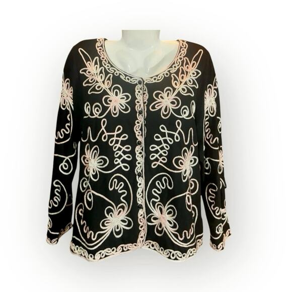 Investments Womens Black W Pink/Pearl Crochet Button Front Sweater Cardigan SZ L - Picture 1 of 11
